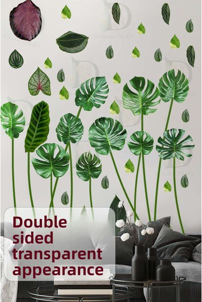 KT Decor Green Tropical Leaves Double Sided Transparent Looking Wall Sticker Set