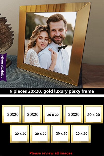 yhfoto 9 قطع مرآة فاخرة بإطار مربع من زجاج شبكي ذهبي مقاس 20 × 20