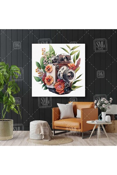 SML TABLO Носталгична камера с цветя около квадратен печат на платно