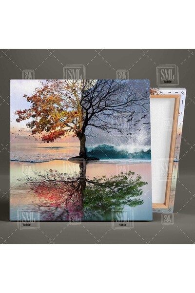 SML TABLO Arborele pe plajă 4 anotimpuri Primăvara Primăvara Vară Toamnă Iarna Pictură pătrată pe pânză