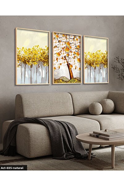 Evinemoda Blue Flower Watercolor Look 3 Piece Wooden Framed Painting Act