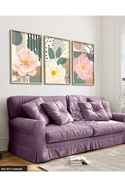 Evinemoda Pink Flower 3 Piece Wooden Framed Painting Act