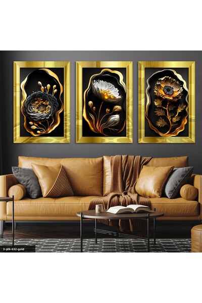 Evinemoda Leaf Gold Tree Flowers 3 Piece Plexiglass Mirrored Framed Painting