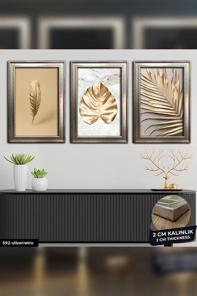 Evinemoda Gold Leaves - 3 Pcs Framed Painting Cvplk