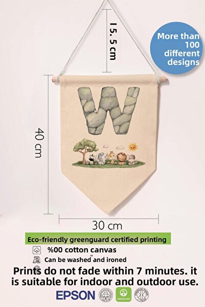 Postifull Kids Room Decor, Wall Ornament, Wooden Baby Room Decor, Canvas Pennant, Safari and Animal Letter W