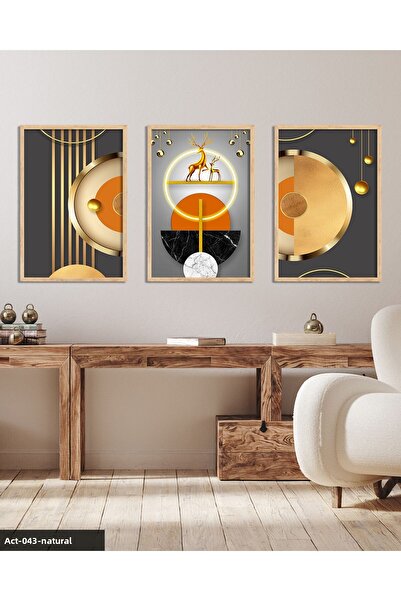 Evinemoda Gold, Deer, Geometry, Abstract, Neon 3 Piece Wooden Framed Painting Act