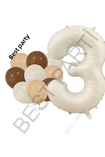BEST PARTİ DOĞUM GÜNÜ PARTİ SÜSLERİ Beige Number and Latex Balloon Set Age 3