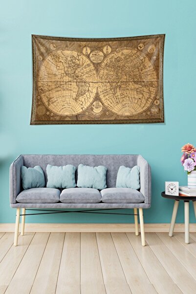 farbala World Map Pattern Stain Resistant Velvet Textured Fabric Wall Cloth Wall Carpet Tapestry