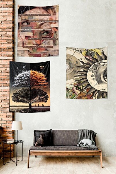 Pelangi Vintage Newspaper Patterned Non-Slip Tapestry - Set of 3 Night and Da...