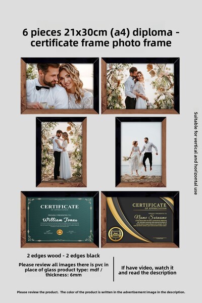 bymat 6 قطع إطار 21x30 - إطار Mdf a4 - إطار صورة - إطار دبلوم خشب أسود بلونين