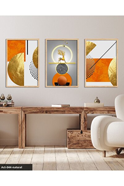 Evinemoda Gold, Deer, Geometry, Abstract, Neon 3 Piece Wooden Framed Painting Act