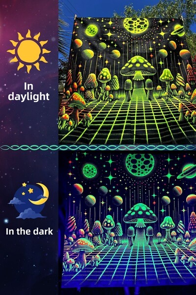 WANDER TAPESTRY Blacklight Mushrooms in the Matrix - Thick and Heavy Neon Wal...