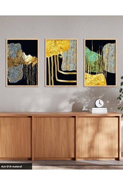 Evinemoda Abstract Gold Patterns 3 Piece Painting with Wooden Frame Act