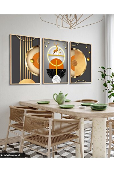 Evinemoda Gold, Deer, Geometry, Abstract, Neon 3 Piece Wooden Framed Painting Act
