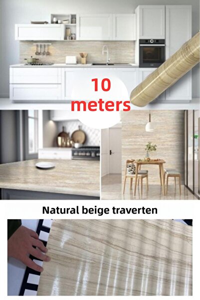 Renkli Duvarlar 67cm X 10 Meters 1 Piece Adhesive Roll Beige Travertine Patterned Kitchen Wall Covering Foil Paper