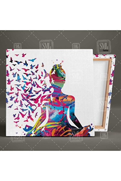 SML TABLO Femei colorate care fac yoga Pictură pe pânză pătrată cu păsări zburătoare