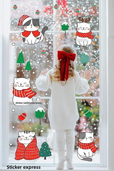 Sticker Ekspres Cute Christmas Cats New Year Glass Door Wall Sticker Set