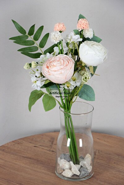 Yapay Çiçek Deposu Buchet de trandafiri de garoafa de calitate artificială, 40 cm, alb pudrat