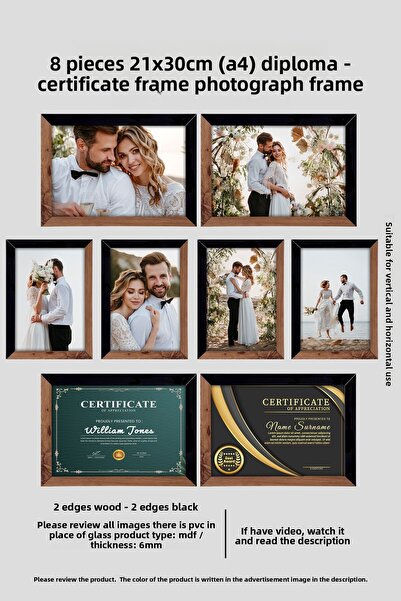 Bytwo 8 إطارات 21 × 30 - إطار Mdf a4 - إطار صورة - إطار دبلوم خشبي أسود بلونين