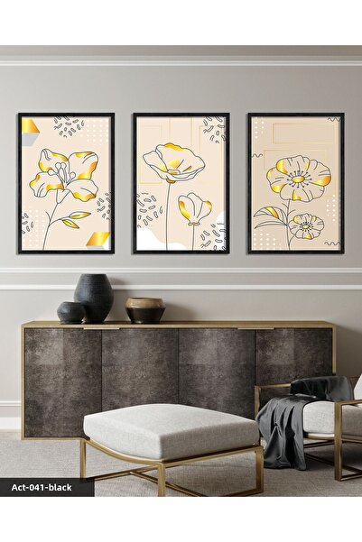Evinemoda Drawing Flower 3 Piece Black Wooden Framed Painting Act