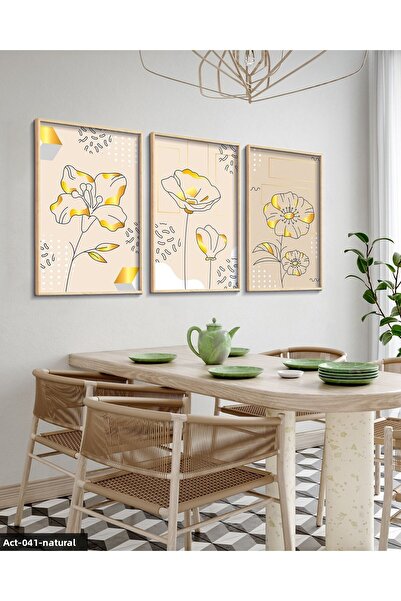 Evinemoda Drawing Flower 3 Piece Wooden Framed Painting Act