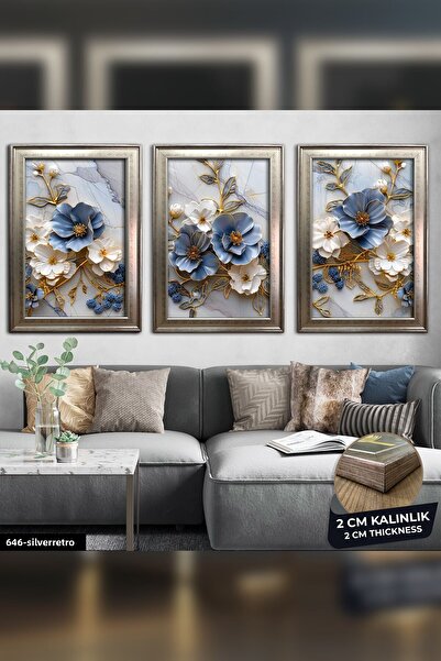 Evinemoda Blue White Flowers Framed Painting with Gold Leaf Detail 3 Pieces Cvplk