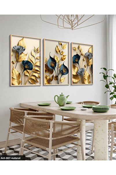 Evinemoda Elegant Gold Leaf Flowers 3 Piece Wooden Framed Painting Act