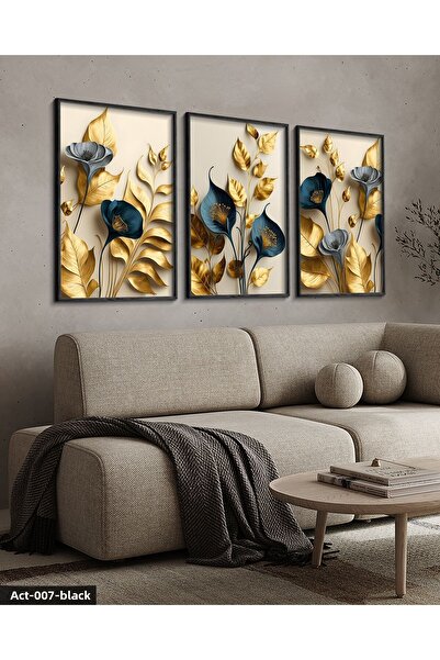 Evinemoda Κομψά χρυσά πέταλα λουλούδια 3 τεμαχίων ζωγραφική με μαύρο ξύλινο πλαίσιο ACT