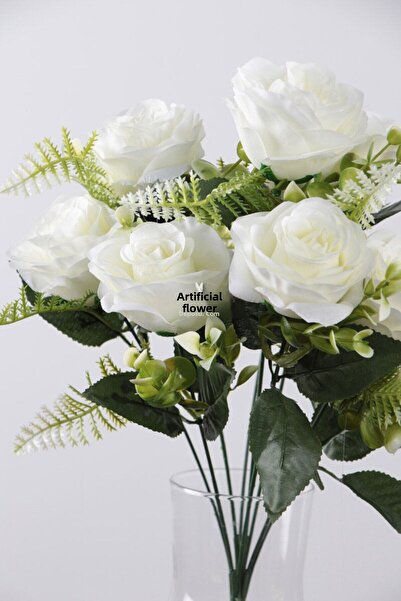 Yapay Çiçek Deposu Buchet de 9 trandafiri cu garnitura de flori artificiale 42 cm alb