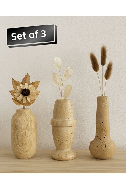 Modelce Set of 3 Different Forms Handmade Natural Travertine Vase