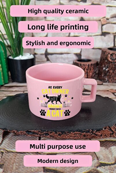 giftkonsept As Every Cat Owner Knows Nobody Owns a Cat Written Funny Cat Square Cup with Handle Pink Mug Cup