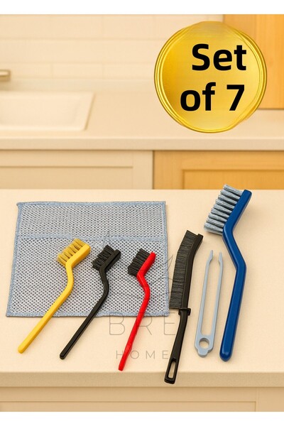 BRE HOME مجموعة من 7 فرش تنظيف - فرش سلكية + فرشاة لوحة المفاتيح + فرشاة بمقبض طويل + قطعة قماش لغسيل الأطباق من إينوكس