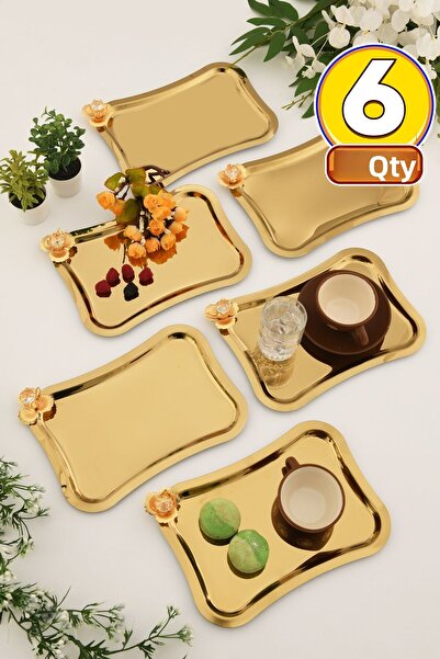 AKSESUAR EVRENİ Naldo Italian Model Gold Stone Detailed 6-Piece Presentation Tray Gold