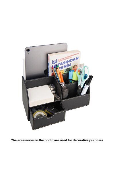 2K Desktop Organizer, Pen Holder, Remote Control, Cube Notepad Holder, Tablet Holder, Bookshelf, 6 Compartments, Drawer, Black