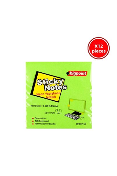 Bigpoint Sticky Note Paper, 12 Pieces, 75X75Mm, Neon Green, 100 Sheets