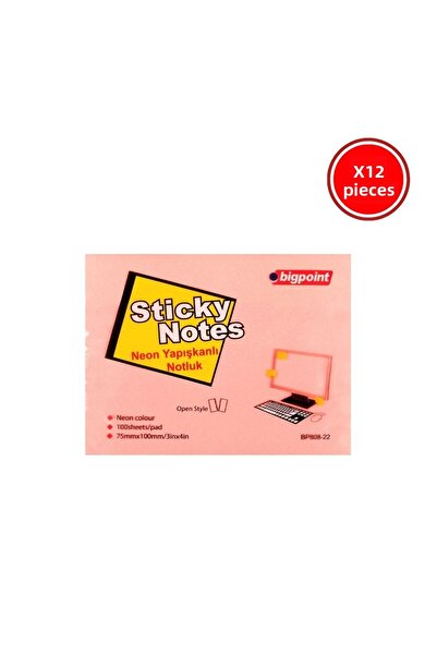 Bigpoint Hârtie adezivă pentru note, 12 bucăți, 75x100 mm, roz neon, 100 coli