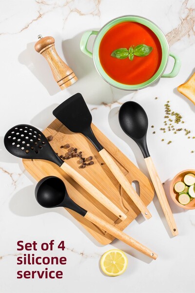 Porsima 3168 Bamboo Wooden Handle Silicone 4 Piece Serving Set Black