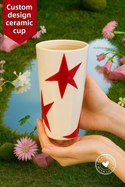 Mim and More كوب سيراميك مصنوع يدويًا بنمط النجمة الحمراء - تصميم خاص