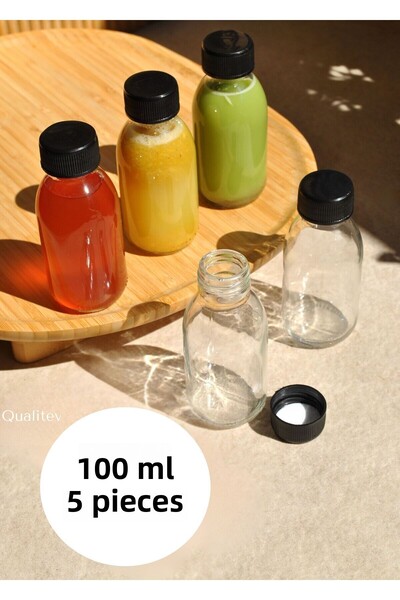 Qualitev زجاجة زجاجية سعة 100 مل، غطاء أسود شفاف مانع للتسرب، عصير ديتوكس 5 قطع