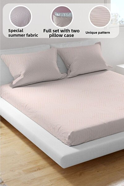 Leruum London Elastic Fitted Sheet Set Pink White Modern Striped 160X200 2 Pillowcases Set Dowry Set Cotton