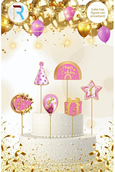 MFM Στολίδι τοπέτας τούρτας με θέμα τα γενέθλια ροζ 6 τεμαχίων