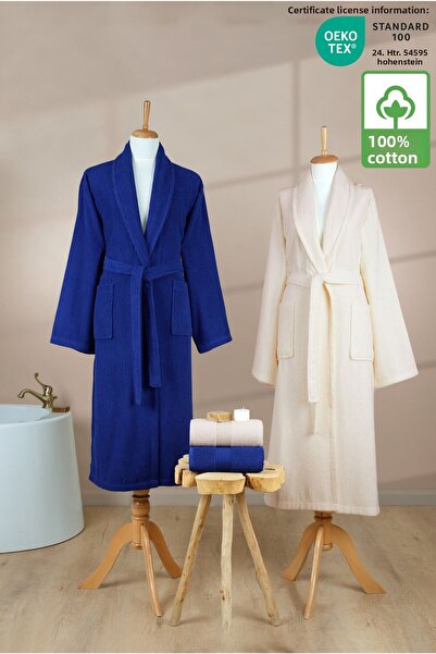 Ellaline Σετ μπουρνούζι 4 τεμαχίων ριγέ 100% βαμβάκι Πιστοποιημένο οικογενειακό σετ μπουρνούζι πετσετών Σετ προίκας Navy Blue Cream