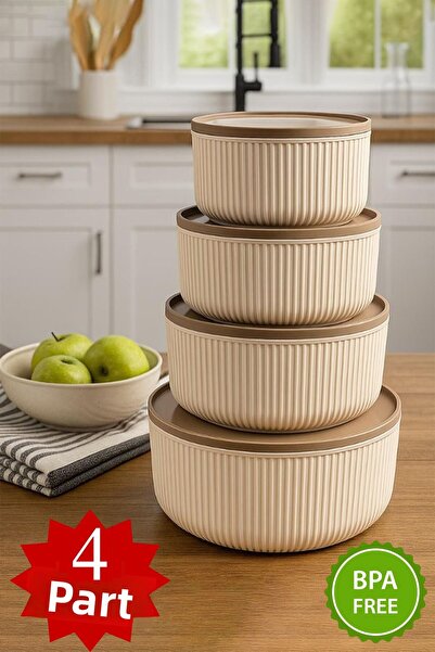 DOVİHOME 4 Piece Storage Container Set Round Striped Cream - 2.5L 1.5L 0.80L 0.45L -