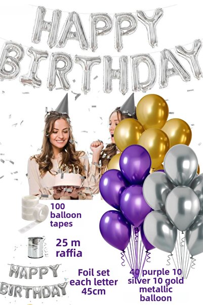 Baloncu Dede Happy Birthday Birthday Set Purple Gold Silver Balloon Set Women Men Girls Children Party Ornaments