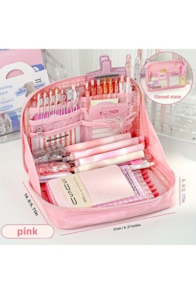 Kawaii حامل أقلام مبتكر ذو سعة كبيرة ونافذة شفافة باللون الوردي