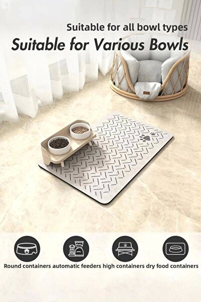 MatGo Paw Pet Feeding Mat Line Paw Waterproof Non-Slip Cream Cat Dog Food Mat 50x70cm
