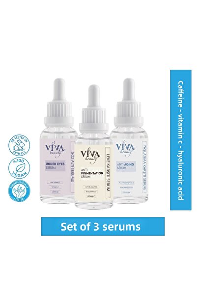 VivaBeauty مجموعة سيروم ثلاثية (فيتامين سي - كافيين - سيروم حمض الهيالورونيك)