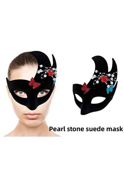 ForWhat قناع البندقية من الجلد السويدي مع اللؤلؤ الأسود لزي الحفلات والمناسبا...