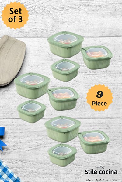 Stile Cucina 9-Piece Vacuum Vip Storage Container Dowry Set Suitable for Microwave and Freezer Use 3X(600-1100-1800 ml)