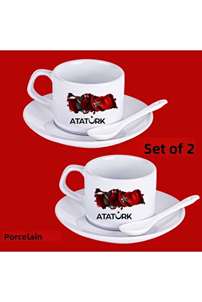 VRHediye Ataturk and Turkish Flag Special Design Printed Porcelain Set of 2 Cups with Porcelain Spoon Gift